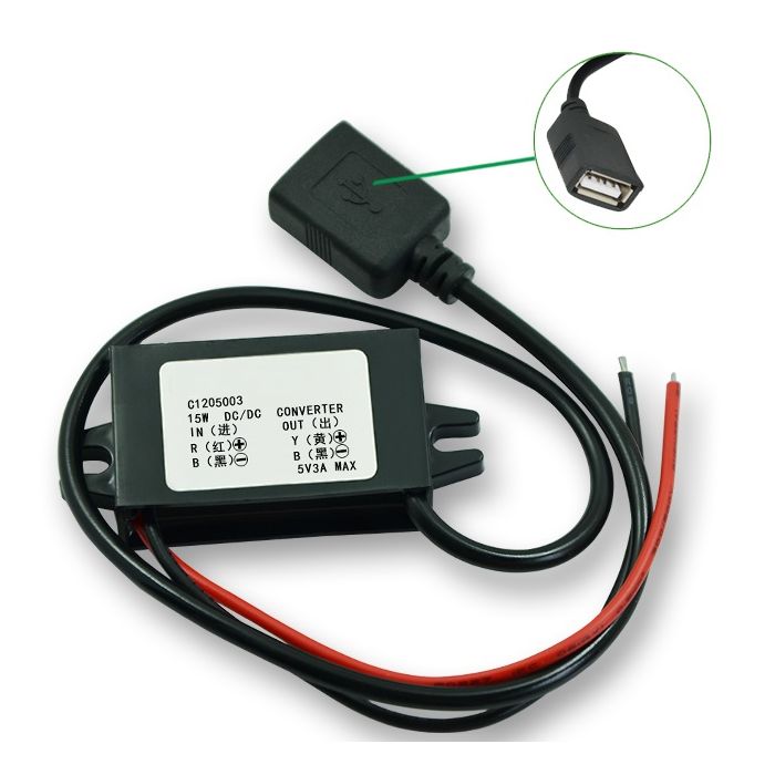 12V/24V - 5V/3A DC-DC Converter met USB Female Stekker