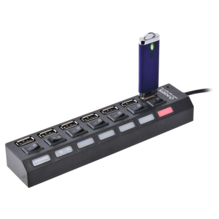 USB 2.0 HUB 7 poorten met aparte schakelaartjes Zwart